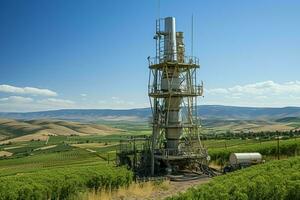 Beautiful view high voltage electric or telecommunications antenna wireless tower with green field concept by AI Generated photo