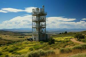 hermosa ver alto voltaje eléctrico o telecomunicaciones antena inalámbrico torre con verde campo concepto por ai generado foto