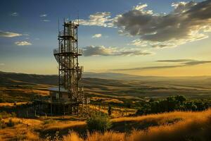 hermosa ver alto voltaje eléctrico o telecomunicaciones antena inalámbrico torre con verde campo concepto por ai generado foto