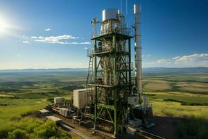 hermosa ver alto voltaje eléctrico o telecomunicaciones antena inalámbrico torre con verde campo concepto por ai generado foto