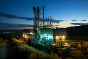 hermosa ver alto voltaje eléctrico o telecomunicaciones antena inalámbrico torre con verde campo concepto por ai generado foto