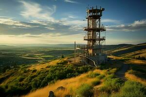 hermosa ver alto voltaje eléctrico o telecomunicaciones antena inalámbrico torre con verde campo concepto por ai generado foto