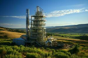 hermosa ver alto voltaje eléctrico o telecomunicaciones antena inalámbrico torre con verde campo concepto por ai generado foto