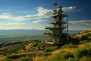 Beautiful view high voltage electric or telecommunications antenna wireless tower with green field concept by AI Generated photo