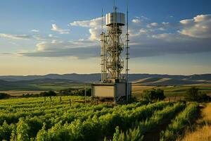 hermosa ver alto voltaje eléctrico o telecomunicaciones antena inalámbrico torre con verde campo concepto por ai generado foto