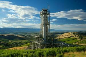 hermosa ver alto voltaje eléctrico o telecomunicaciones antena inalámbrico torre con verde campo concepto por ai generado foto