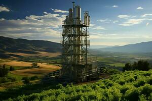 hermosa ver alto voltaje eléctrico o telecomunicaciones antena inalámbrico torre con verde campo concepto por ai generado foto