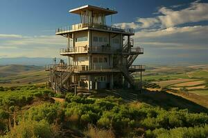 hermosa ver alto voltaje eléctrico o telecomunicaciones antena inalámbrico torre con verde campo concepto por ai generado foto