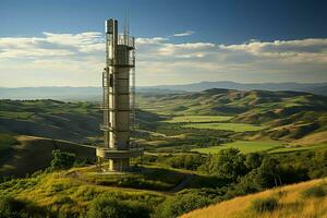 Beautiful view high voltage electric or telecommunications antenna wireless tower with green field concept by AI Generated photo