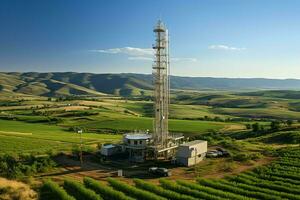 hermosa ver alto voltaje eléctrico o telecomunicaciones antena inalámbrico torre con verde campo concepto por ai generado foto