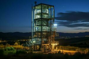 hermosa ver alto voltaje eléctrico o telecomunicaciones antena inalámbrico torre con verde campo concepto por ai generado foto