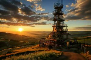 hermosa ver alto voltaje eléctrico o telecomunicaciones antena inalámbrico torre con verde campo concepto por ai generado foto