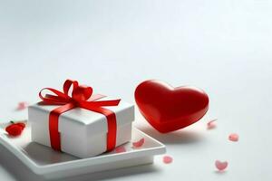 Beautiful valentine day background with gift box, ribbon, red hearts, presents, roses and copy space concept by AI Generated photo