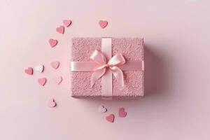 Beautiful valentine day background with gift box, ribbon, red hearts, presents, roses and copy space concept by AI Generated photo