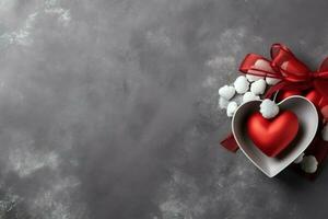 Beautiful valentine day background with gift box, ribbon, red hearts, presents, roses and copy space concept by AI Generated photo