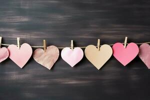 hermosa enamorado día antecedentes con regalo caja, cinta, rojo corazones, regalos, rosas y Copiar espacio concepto por ai generado foto