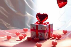 Beautiful valentine day background with gift box, ribbon, red hearts, presents, roses and copy space concept by AI Generated photo