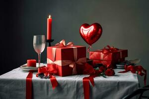 Beautiful valentine day background with gift box, ribbon, red hearts, presents, roses and copy space concept by AI Generated photo