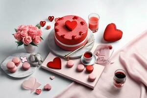 Beautiful valentine day background with gift box, ribbon, red hearts, presents, roses and copy space concept by AI Generated photo