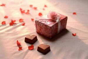 Beautiful valentine day background with gift box, ribbon, red hearts, presents, roses and copy space concept by AI Generated photo