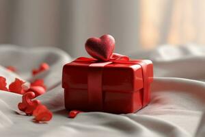 hermosa enamorado día antecedentes con regalo caja, cinta, rojo corazones, regalos, rosas y Copiar espacio concepto por ai generado foto