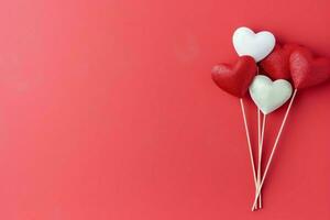 hermosa enamorado día antecedentes con regalo caja, cinta, rojo corazones, regalos, rosas y Copiar espacio concepto por ai generado foto