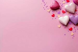 Beautiful valentine day background with gift box, ribbon, red hearts, presents, roses and copy space concept by AI Generated photo