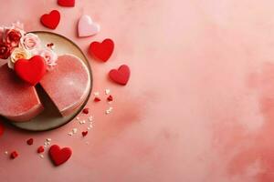Beautiful valentine day background with gift box, ribbon, red hearts, presents, roses and copy space concept by AI Generated photo