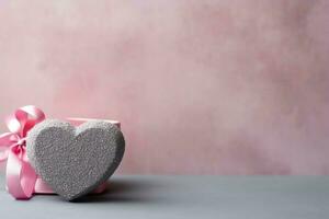 hermosa enamorado día antecedentes con regalo caja, cinta, rojo corazones, regalos, rosas y Copiar espacio concepto por ai generado foto