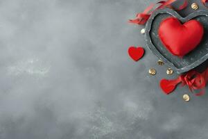 Beautiful valentine day background with gift box, ribbon, red hearts, presents, roses and copy space concept by AI Generated photo