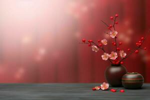 Chinese new year background with traditional lanterns, sakura flowers and copy space. Lunar new year concept by AI Generated photo