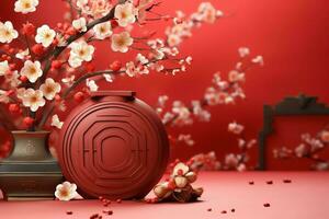 Chinese new year background with traditional lanterns, sakura flowers and copy space. Lunar new year concept by AI Generated photo