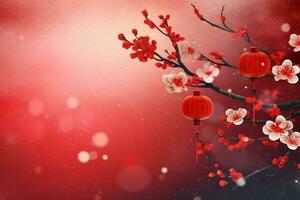 Chinese new year background with traditional lanterns, sakura flowers and copy space. Lunar new year concept by AI Generated photo