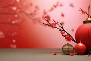 Chinese new year background with traditional lanterns, sakura flowers and copy space. Lunar new year concept by AI Generated photo