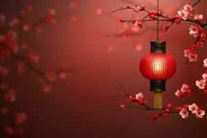 Chinese new year background with traditional lanterns, sakura flowers and copy space. Lunar new year concept by AI Generated photo