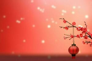 Chinese new year background with traditional lanterns, sakura flowers and copy space. Lunar new year concept by AI Generated photo