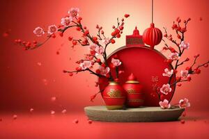 Chinese new year background with traditional lanterns, sakura flowers and copy space. Lunar new year concept by AI Generated photo