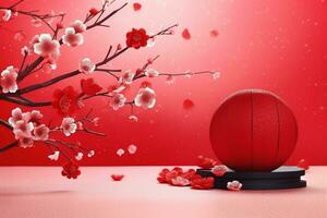 Chinese new year background with traditional lanterns, sakura flowers and copy space. Lunar new year concept by AI Generated photo