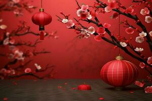 Chinese new year background with traditional lanterns, sakura flowers and copy space. Lunar new year concept by AI Generated photo