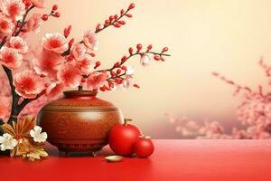 Chinese new year background with traditional lanterns, sakura flowers and copy space. Lunar new year concept by AI Generated photo