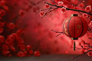 Chinese new year background with traditional lanterns, sakura flowers and copy space. Lunar new year concept by AI Generated photo