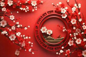 Chinese new year background with traditional lanterns, sakura flowers and copy space. Lunar new year concept by AI Generated photo