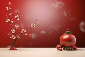 Chinese new year background with traditional lanterns, sakura flowers and copy space. Lunar new year concept by AI Generated photo