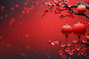 Chinese new year background with traditional lanterns, sakura flowers and copy space. Lunar new year concept by AI Generated photo