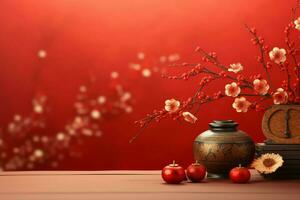 Chinese new year background with traditional lanterns, sakura flowers and copy space. Lunar new year concept by AI Generated photo