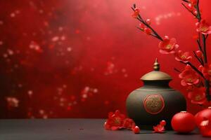 Chinese new year background with traditional lanterns, sakura flowers and copy space. Lunar new year concept by AI Generated photo