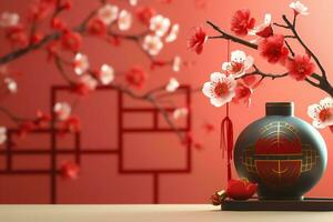 Chinese new year background with traditional lanterns, sakura flowers and copy space. Lunar new year concept by AI Generated photo