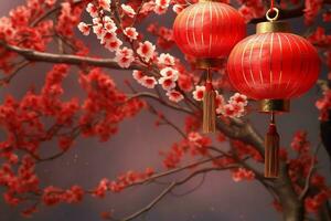 Chinese new year background with traditional lanterns, sakura flowers and copy space. Lunar new year concept by AI Generated photo