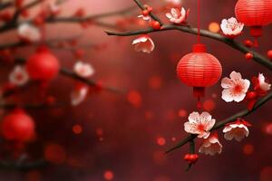 Chinese new year background with traditional lanterns, sakura flowers and copy space. Lunar new year concept by AI Generated photo