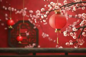 Chinese new year background with traditional lanterns, sakura flowers and copy space. Lunar new year concept by AI Generated photo